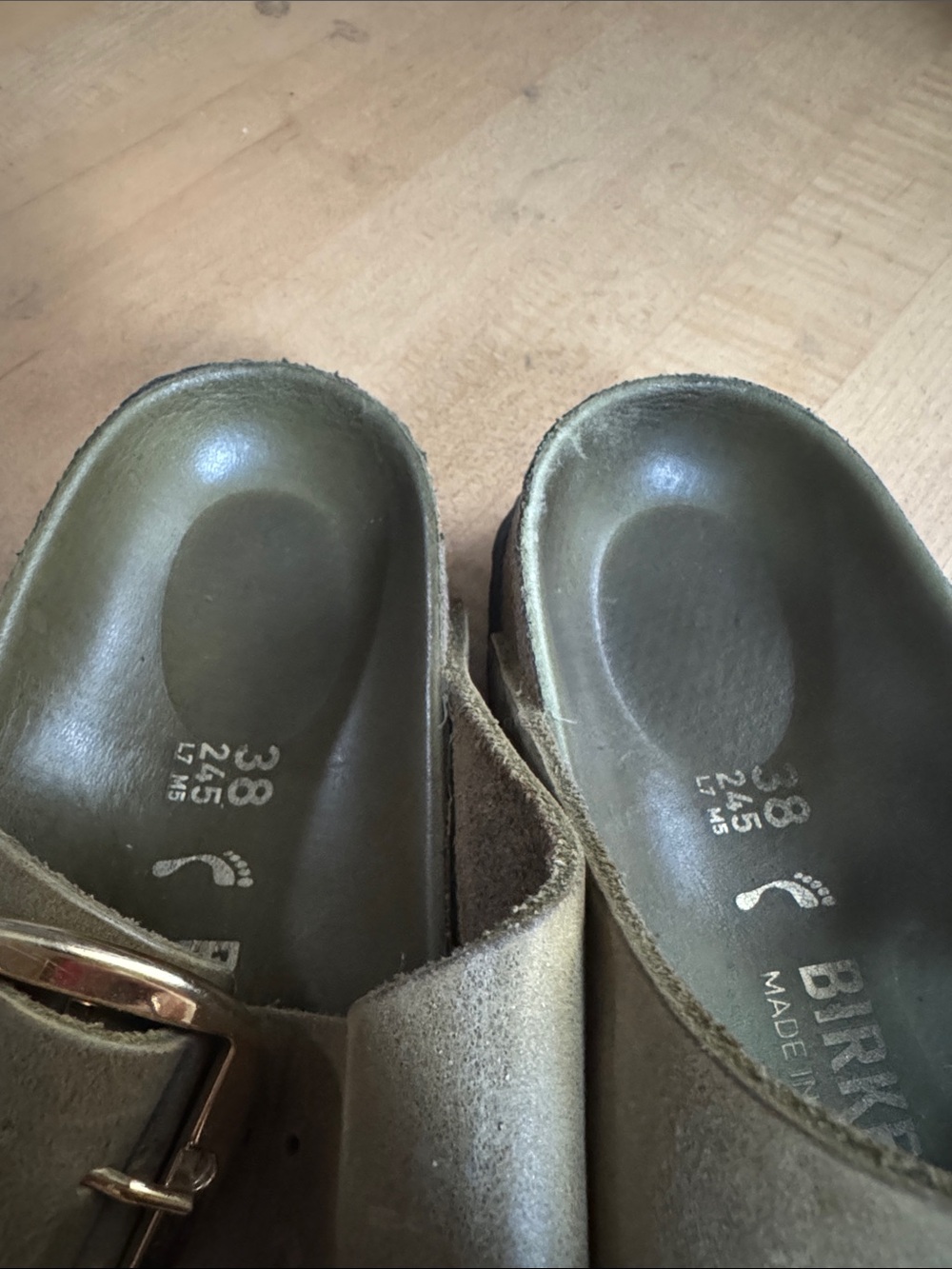 Birkenstock Two-Strap Sandals in Olive with Gold Buckles - Picture 5 of 6